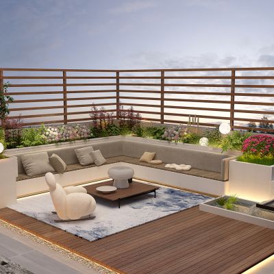 3d现代屋顶花园 阳台景观 户外庭院 植物组合 黄昏阳台 露台景观