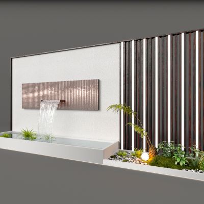 3d现代景观背景墙 植物小景 植物水景 喷泉流水 鹅卵石模型组合