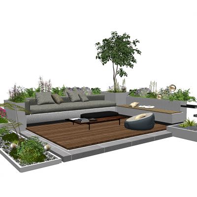 su现代户外座椅小景模型   屋顶花园座椅 现代植物堆 球形灌木 带花灌木植物组合00
