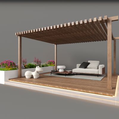 现代小景模型  户外凉棚 屋顶花园座椅 现代植物堆 球形灌木 带花灌木植物组合