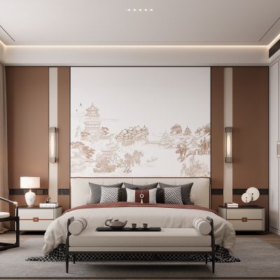 新中式卧室 双人床 床头柜 衣柜 脚踏 饰品摆件 无主灯