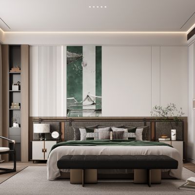 新中式卧室 双人床 床头柜 衣柜 脚踏 饰品摆件 无主灯