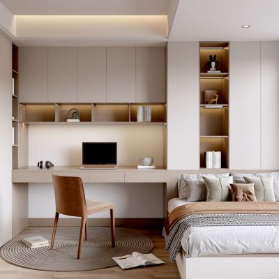 现代榻榻米卧室 奶油风 休闲椅 床 卧房 饰品摆件 电脑 儿童房