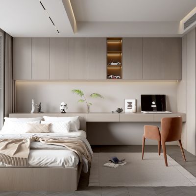 现代榻榻米卧室 奶油风 休闲椅 床 卧房 饰品摆件 电脑 儿童房