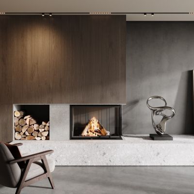 现代壁炉 火炉 柴火 木柴 休闲椅 雕塑 落地灯 装饰画