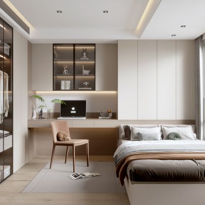 现代榻榻米卧室 奶油风 休闲椅 床 卧房 饰品摆件 电脑 儿童房