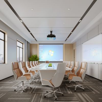 现代办公会议室_会议桌_办公椅_投影仪_投影幕