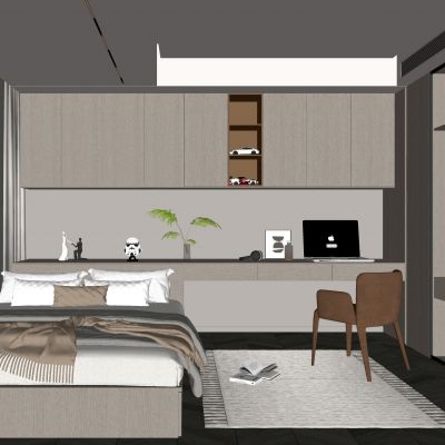 现代榻榻米卧室 奶油风 休闲椅 床 卧房 饰品摆件 电脑 儿童房