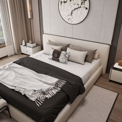 新中式卧室 双人床 床头柜 衣柜 脚踏 饰品摆件 无主灯