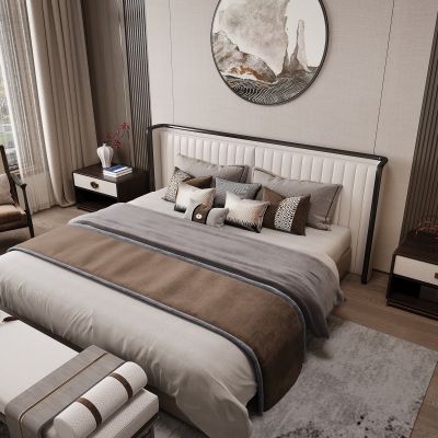 新中式卧室 双人床 床头柜 衣柜 脚踏 饰品摆件 无主灯