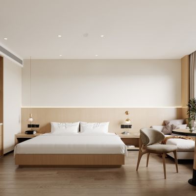 现代客房_贵妃椅_原木_大床房_客房冰箱_客房衣柜