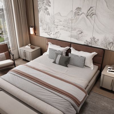 新中式卧室 双人床 床头柜 衣柜 脚踏 饰品摆件 无主灯