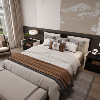 新中式卧室 双人床 床头柜 衣柜 脚踏 饰品摆件 无主灯