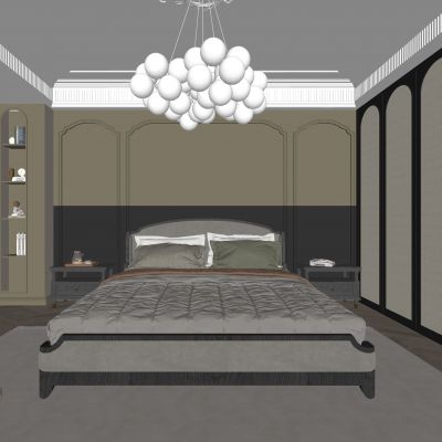 法式卧室 双人床 饰品 休闲椅 床头吊灯 无主灯造形吊顶 衣柜