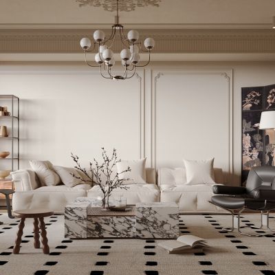 中古风客厅,三人沙发，休闲椅，边柜，吊灯，书架