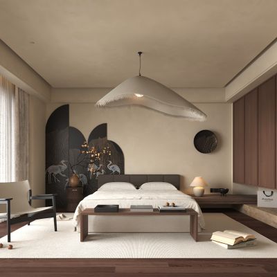 中古风卧室,衣柜，休闲椅，吊灯，双人床