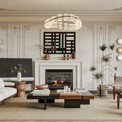 现代法式客厅，三人沙发，茶几，休闲椅，植物，水晶吊灯，壁炉，壁灯