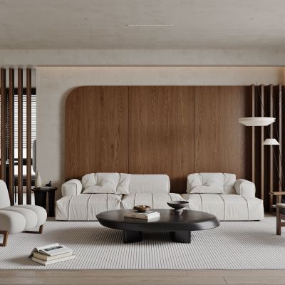 中古风客厅，三人沙发，休闲椅，茶几