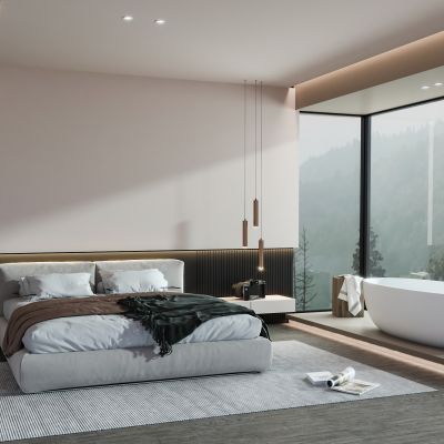 现代卧室 床铺 床头柜 浴缸 吊灯3D模型