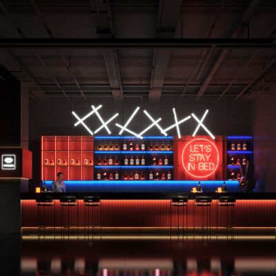 现代风格酒吧前台_酒瓶_吊灯_酒柜_人物1