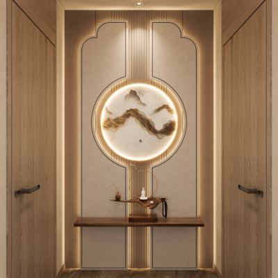 新中式奶油原木风走廊造型灯带端景玄关