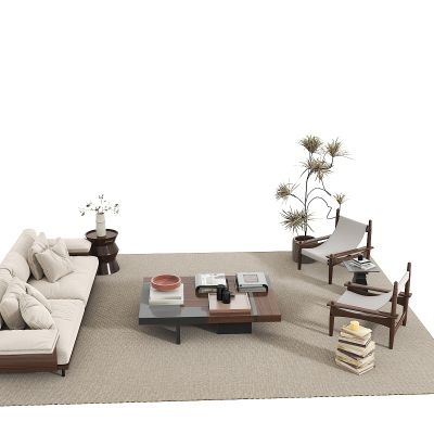 现代法式沙发茶几组合 三人沙发 休闲椅 茶几 植物