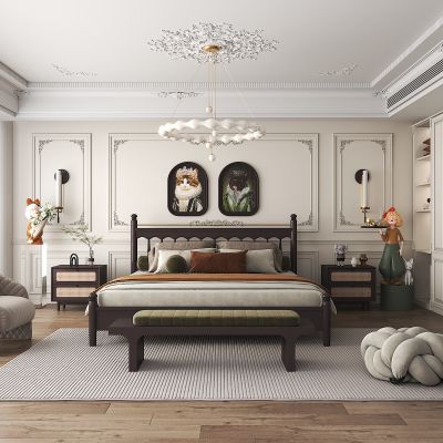 现代法式卧室，衣柜，雕塑摆件，休闲椅，吊灯，画