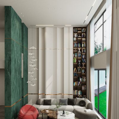 轻奢奶油风 LOFT复式别墅客厅挑空波浪造型沙发背景墙