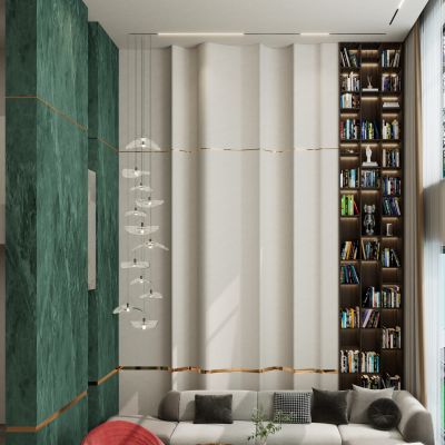 轻奢奶油风LOFT复式别墅客厅挑空波浪造型沙发背景墙