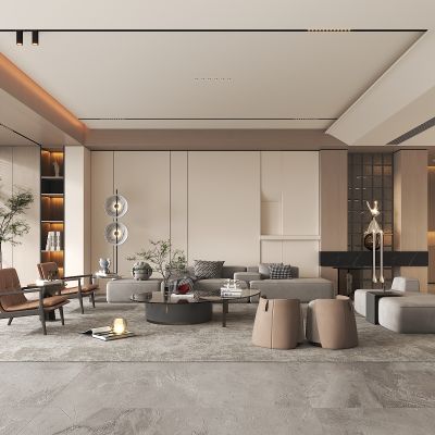 现代客厅_沙发茶几组合_沙发凳_休闲椅_背景墙