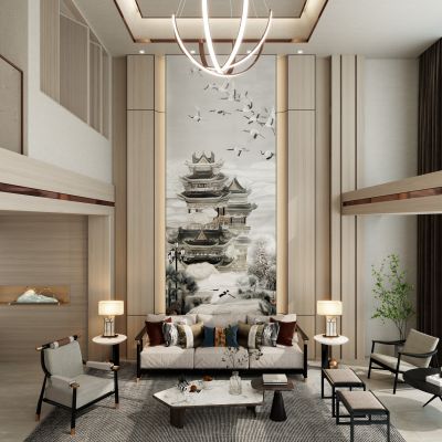 新中式原木风LOFT复制别墅客厅挑空客厅沙发背景墙