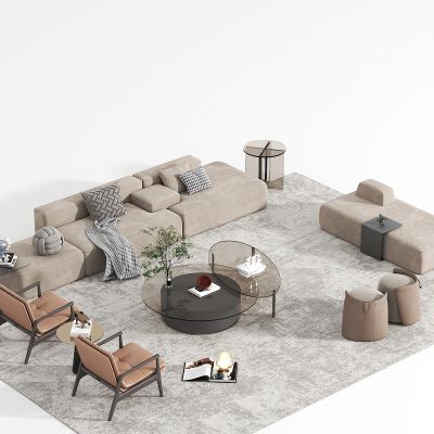 现代沙发茶几组合，三人沙发，茶几，边几，落地灯，休闲椅