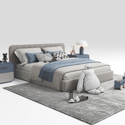 现代儿童双人床组合，双人床，床头柜，玩具，台灯