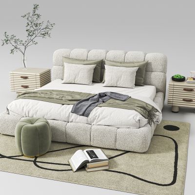 现代法式双人床，床边柜