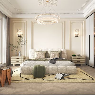 法式卧室，双人床，衣柜，休闲椅，壁灯，吊灯