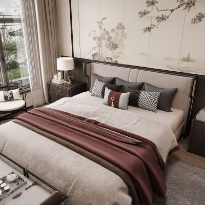 新中式卧室 双人床 床头柜 衣柜 脚踏 饰品摆件 无主灯