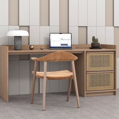 北欧书桌椅组合,台灯，电脑，盆栽，单椅