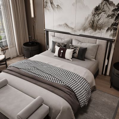 新中式卧室 双人床 床头柜 衣柜 脚踏 饰品摆件 无主灯