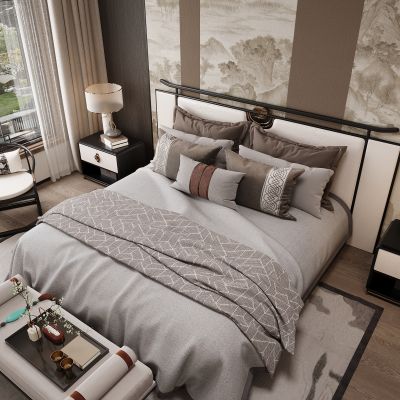 新中式卧室 双人床 床头柜 衣柜 脚踏 饰品摆件 无主灯