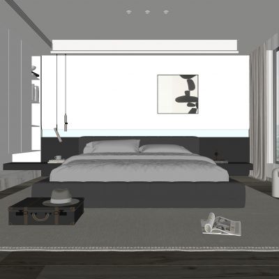 现代卧室 双人床 饰品 休闲椅 床头吊灯 无主灯造形吊顶 衣柜