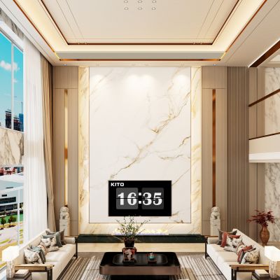 新中式轻奢风复式别墅客厅挑空悬浮电视背景墙