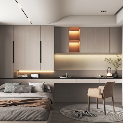 现代榻榻米卧室，衣柜，书柜，书桌，休闲椅，榻榻米床