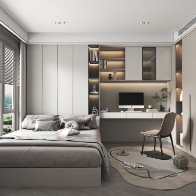 现代榻榻米卧室，衣柜，书柜，书桌，休闲椅，榻榻米床