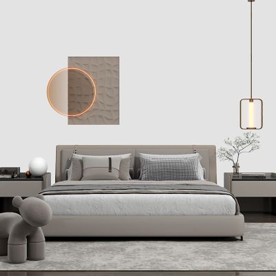 现代双人床，床头柜，画，床头小吊灯