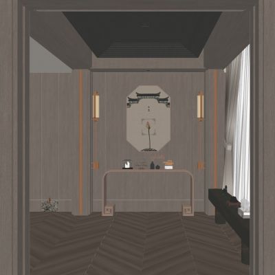 新中式原木风客厅入户端景玄关