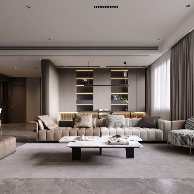 现代客餐厅  沙发  茶几  休闲椅  边几  绿植  装饰柜