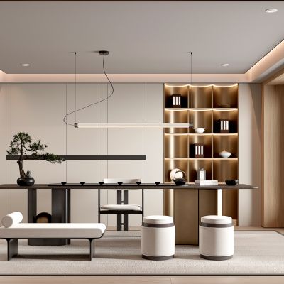 新中式茶室 装饰柜 储藏柜 现代茶室 雕塑 摆件 茶桌椅 茶壶 凳子