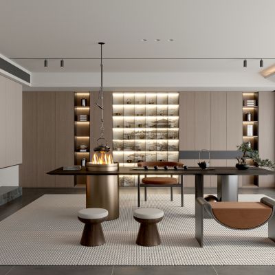 新中式茶室 装饰柜 储藏柜 现代茶室 雕塑 摆件 茶桌椅 茶壶 凳子