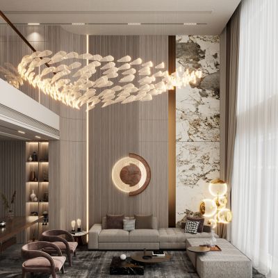 轻奢原木风轻中式复式别墅客厅岩板挑空沙发背景墙