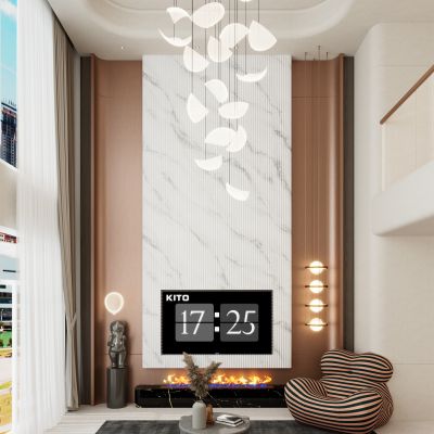 轻奢奶油风复式别墅客厅挑空弧形电视背景墙